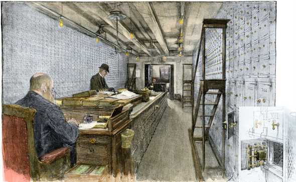 Main room of a bank vault with walls of safe deposit boxes, 1890s. Hand-colored woodcut
